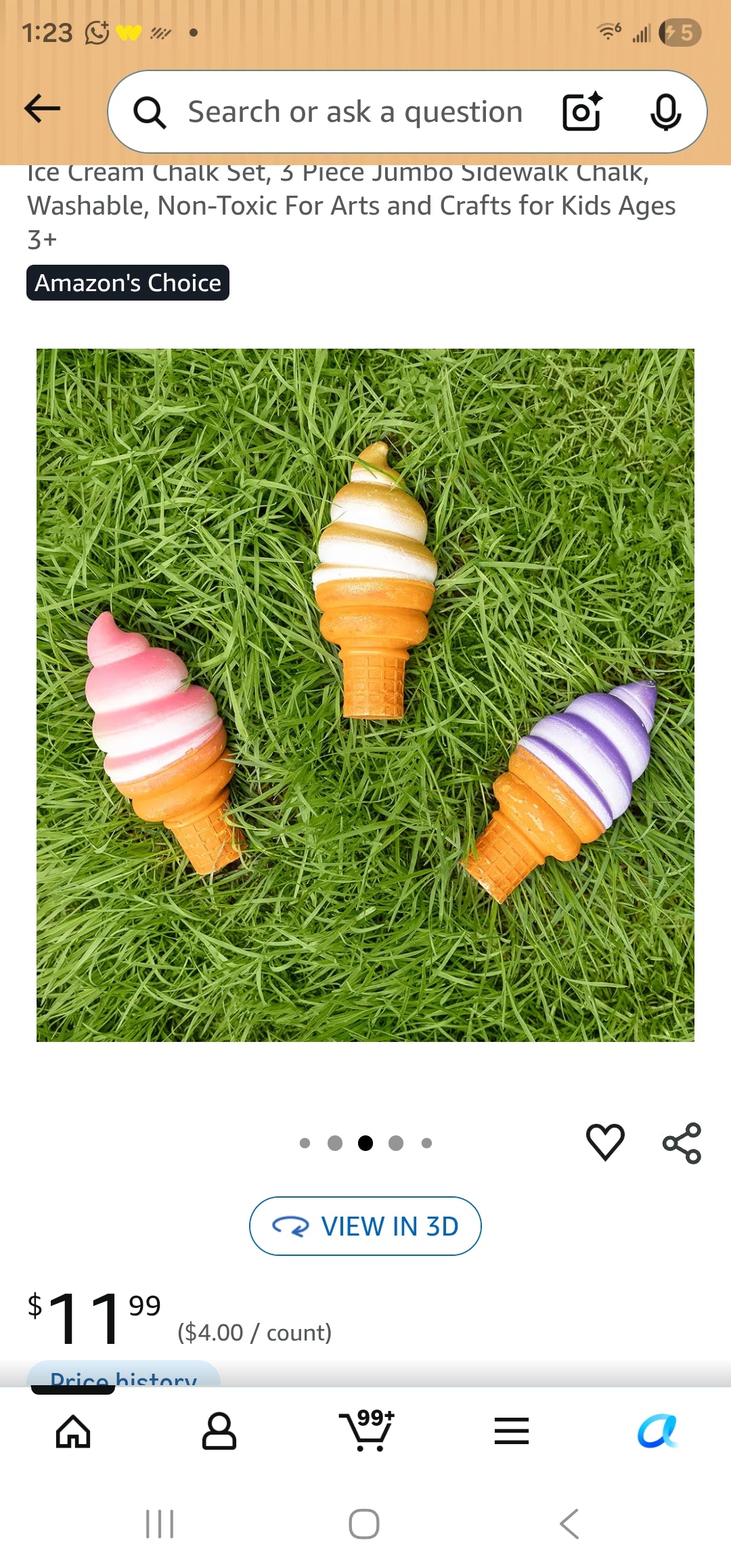 Ice Cream Chalk Set, 3 Piece Jumbo Sidewalk Chalk, Washable, Non-Toxic For Arts and Crafts for Kids Ages 3+
