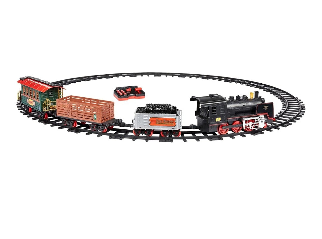 Amazon Basics Remote Control Steam Engine Hobby Train Set with Tender and Gondola and Caboose Smoking, working light and realistic sounds Age 3 or up Perfect for Kids, Multicolor