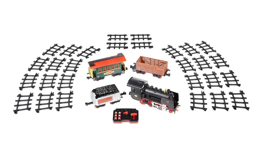 Amazon Basics Remote Control Steam Engine Hobby Train Set with Tender and Gondola and Caboose Smoking, working light and realistic sounds Age 3 or up Perfect for Kids, Multicolor